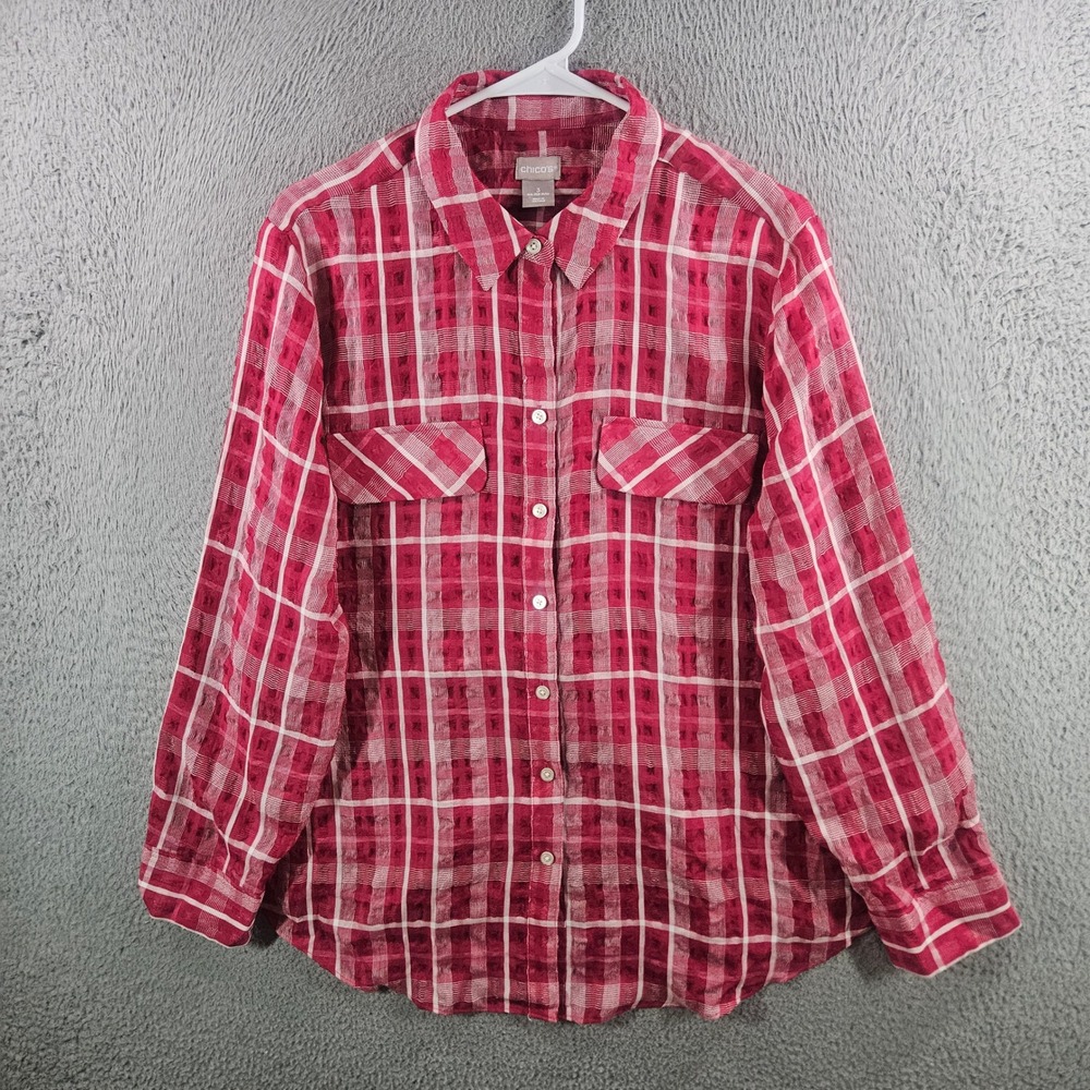 Chicos Red White Plaid Textured Button Down Shirt Womens Size 3 US 16/18